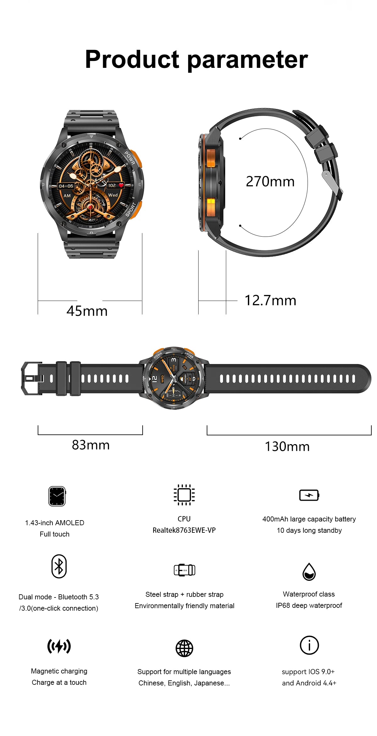 Smart Watch AK59 Bluetooth Call AI Voice 1.43inch AMLOED HD Large Screen Heart Rate Outdoor Sport Men Women Smartwatch
