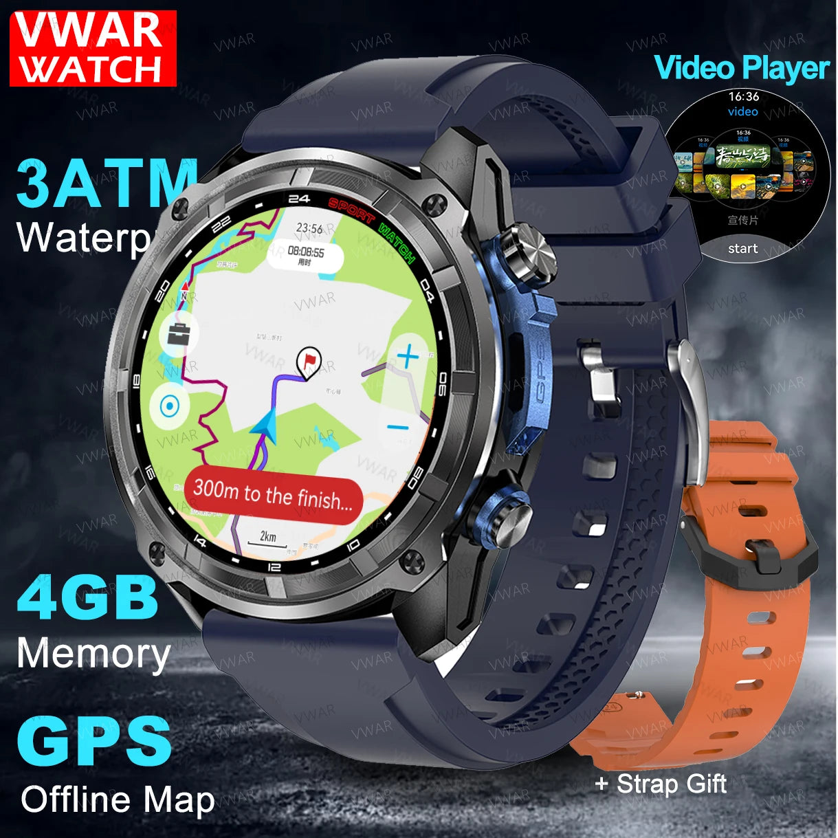 2025 NEW GPS Smart Watch with Offline Map 30m Waterproof 860mAh Big Battery Military Smartwatch Men 4GB Storage Video Player