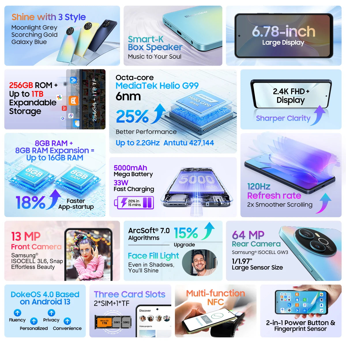 Blackview SHARK 8 Smartphone Android13 G99 Mobile Phone 6.78'' 120Hz 2.4K Display 16 (8+8) GB RAM 256GB ROM 64MP Cameras Phones