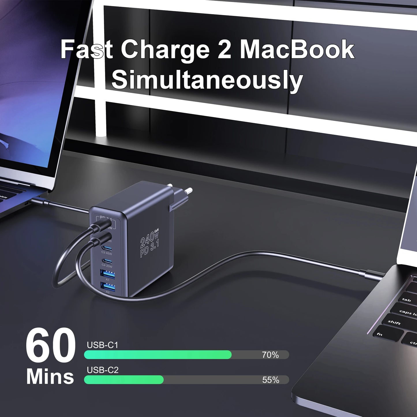 Ubigbuy 240W GaN Charger Fast Charging 140W PD3.1 PPS USB Type C Phone Quick Charger for MacBook Pro iPhone 16 Samsung Laptops
