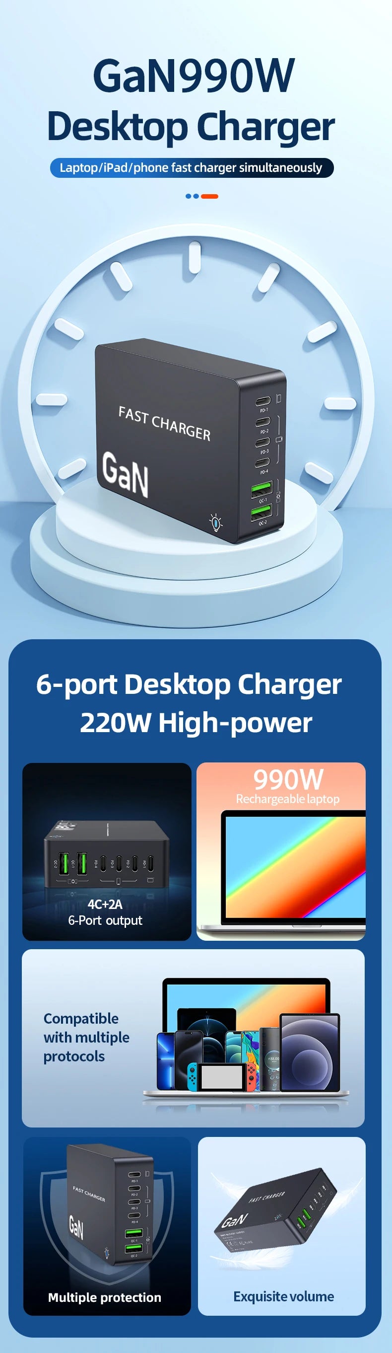 990W USB C GaN Charger 300W PD 3.3 PPS QC4.0 Multiport Fast Charging Station For Laptop iPhone 15 16 Samsung Macbook Pro Tablet