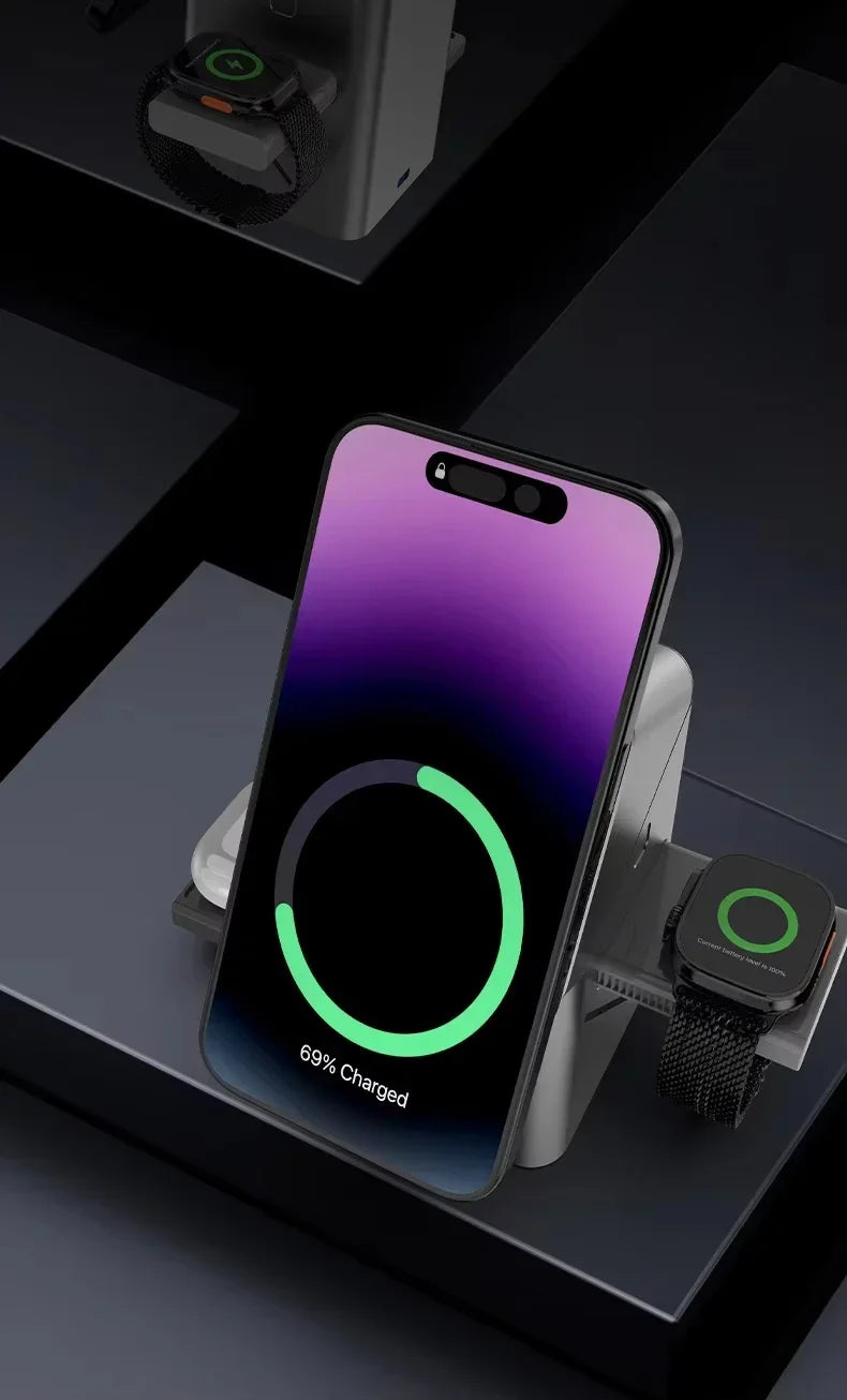 2025 New Automatic Touch Magnetic Multi-function 3 in 1 Wireless Charger for Iphone 16 15 14 13 Pro Max Iwatch Airpods Charger