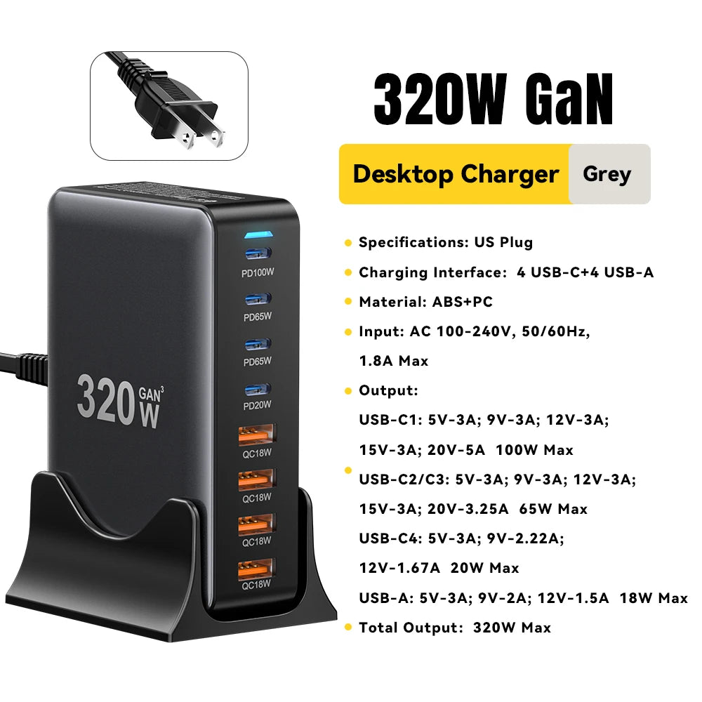 Essager 320W GaN Charger 8Port USB Type C Desktop Charging Station PD 100W Fast Charging For iPhone 17 16 15 iPad MacBook Laptop