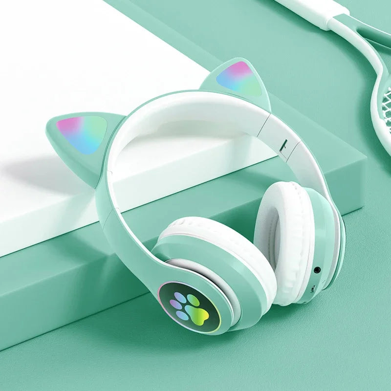 Flash Lamp Cute Cat Ears Headphone Bluetooth5.0 Stereo With Mic Support TF Card Wireless Kids Girl Earphone Birthday Gift - Universal Market