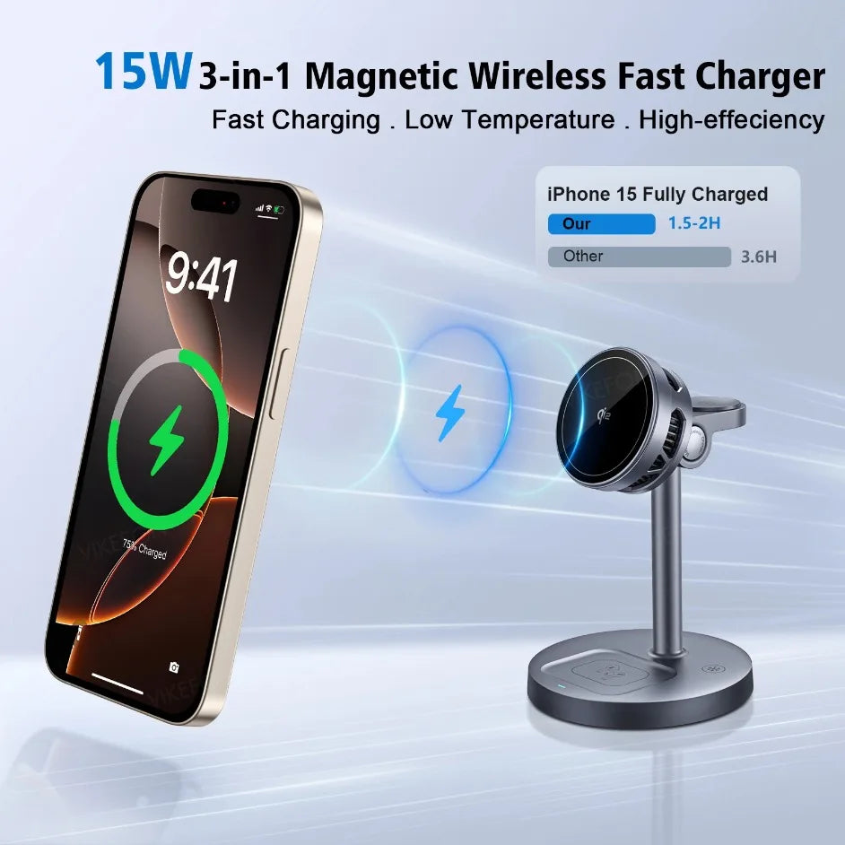 3 in 1 Qi2 15W Magnetic Wireless Charger Phone Stand For Magsafe iPhone 17-12 Pro Max 14 13 12 Apple Watch 10~2 AirPods 4 Pro