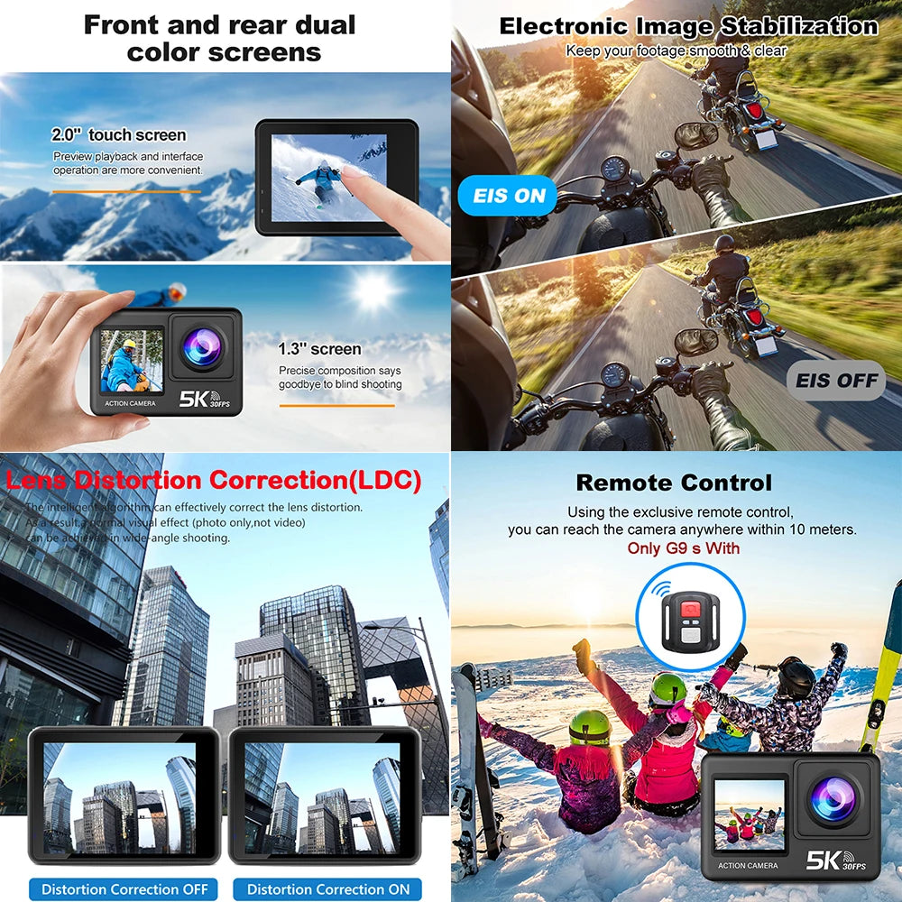 G9SE Action Camera 5K30fps 4K60fps 50MP 2.0 Touch LCD EIS DVR Webcam Dual Screen Wi-Fi 170D Waterproof 30M 5X Zoom Sports Camera