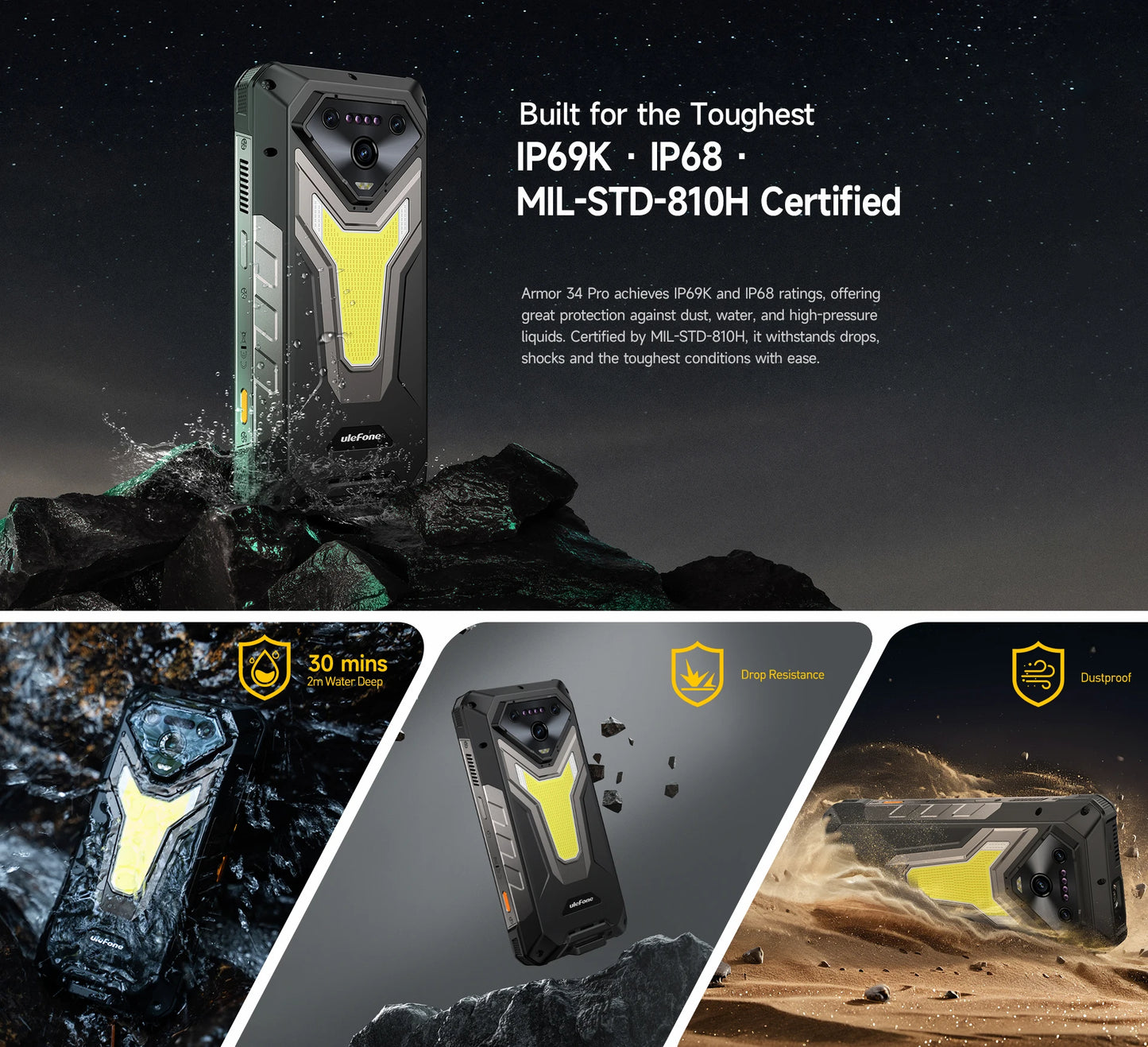Ulefone Armor 34 Pro 5G AI 25500mAh Rugged Phone Smartphone Android 15 32GB+512GB Built-in DLP Projector 6.95" NFC Mobile Phone