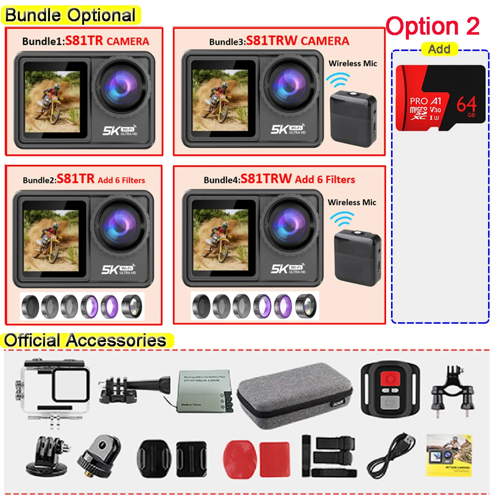 2" IPS Dual Screen Action Camera 5K 30FPS 4K 60FPS 48MP EIS Video With Optional Filter Lens 1080P Webcam Vlog WiFi Sports Cam