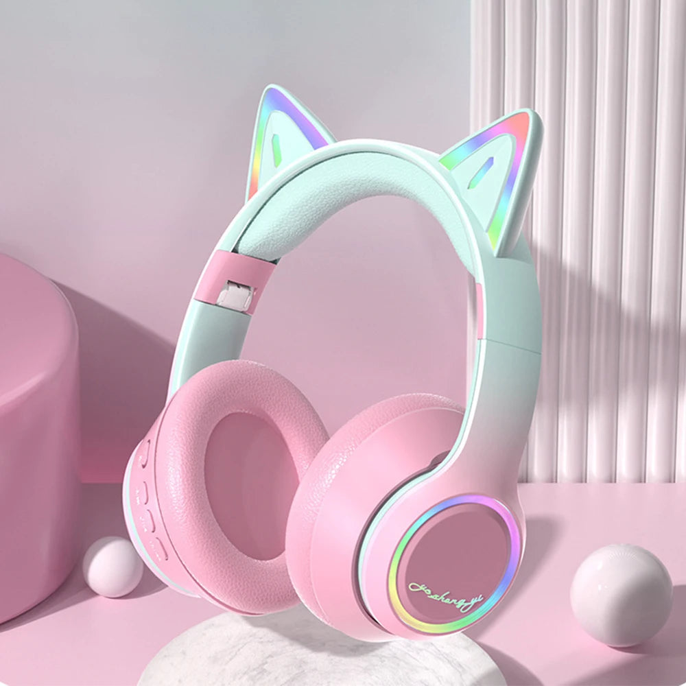 Gradient Wireless Headphones RGB Cat Ear Bluetooth Headphones With Microphone Stereo Music Game Earphone For Girls Kids Gifts - Universal Market