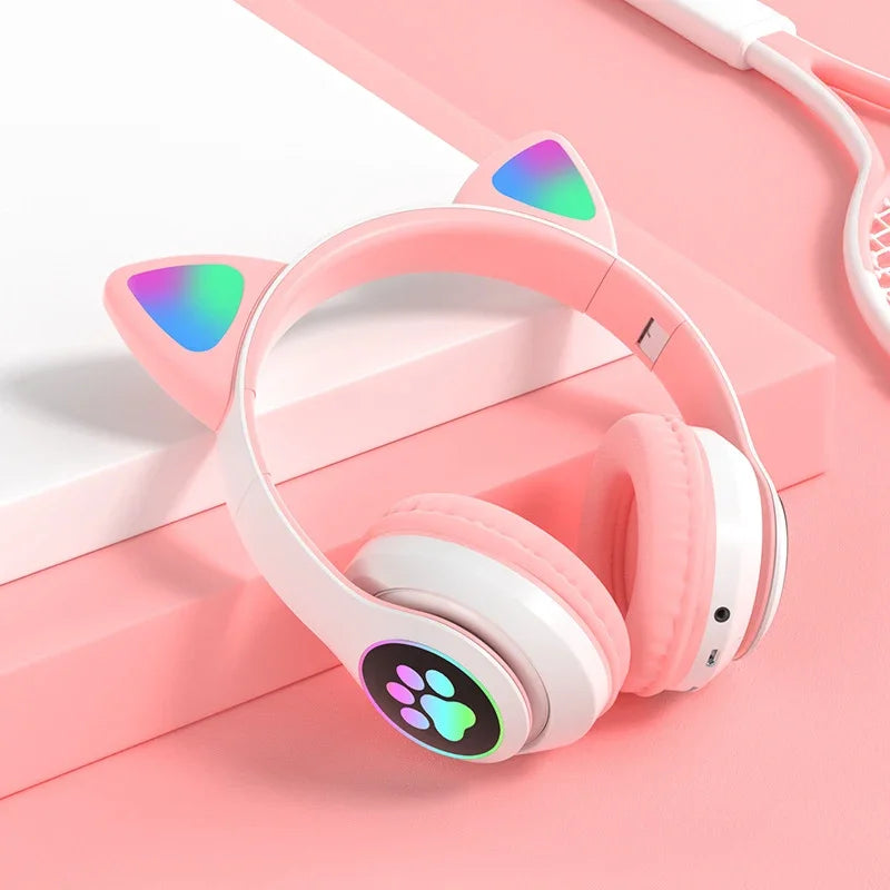Flash Lamp Cute Cat Ears Headphone Bluetooth5.0 Stereo With Mic Support TF Card Wireless Kids Girl Earphone Birthday Gift - Universal Market
