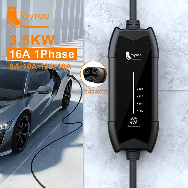 feyree Portable EV Charger 3.5KW 16A 1Phase Adjustable Current Fast Charging with TS-NACS Charger Plug Compatible for Tesla Cars