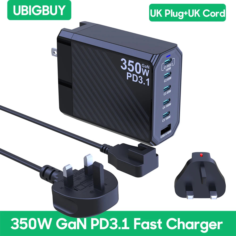 Ubigbuy 350W GaN Charger Fast Charger 140W PD3.1 QC PPS USB Phone Charging Station for MacBook Pro iPhone Samsung Laptop Tablet