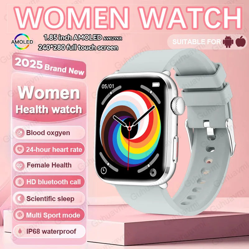 2025 AI Diagnosis NFC Smart Watch Women 1.85 inch AMOLED Blood pressure Heart Rate Temperature BT call Smartwatches Men For IOS