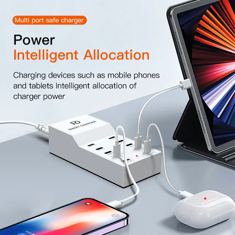 AIXXCO 72W 8 Ports PD QC3.0 USB C Fast Charger Type c Wall Adapter Super Fast Charging For Iphone Samsung Ipad Xiaomi