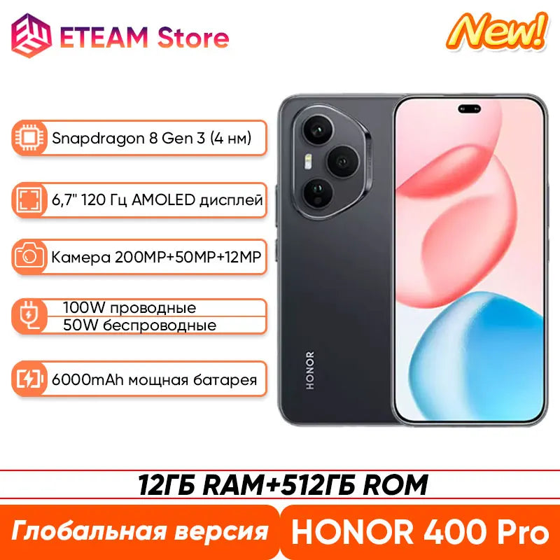2025 Global Version HONOR 400 Pro 5G Smartphone Snapdragon 8 Gen 3 6.7'' AMOLED Display 200MP 100W Wired 50W Wireless IP68&IP69