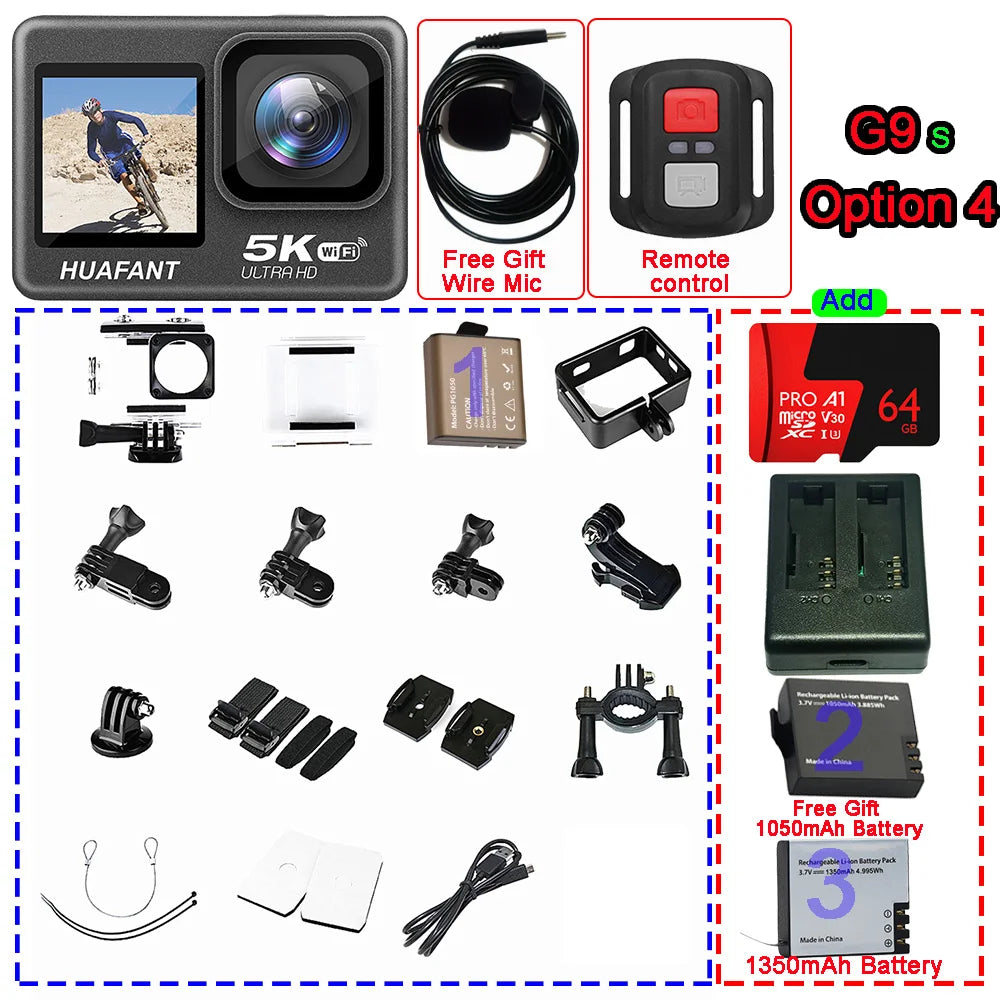 G9SE Action Camera 5K30fps 4K60fps 50MP 2.0 Touch LCD EIS DVR Webcam Dual Screen Wi-Fi 170D Waterproof 30M 5X Zoom Sports Camera