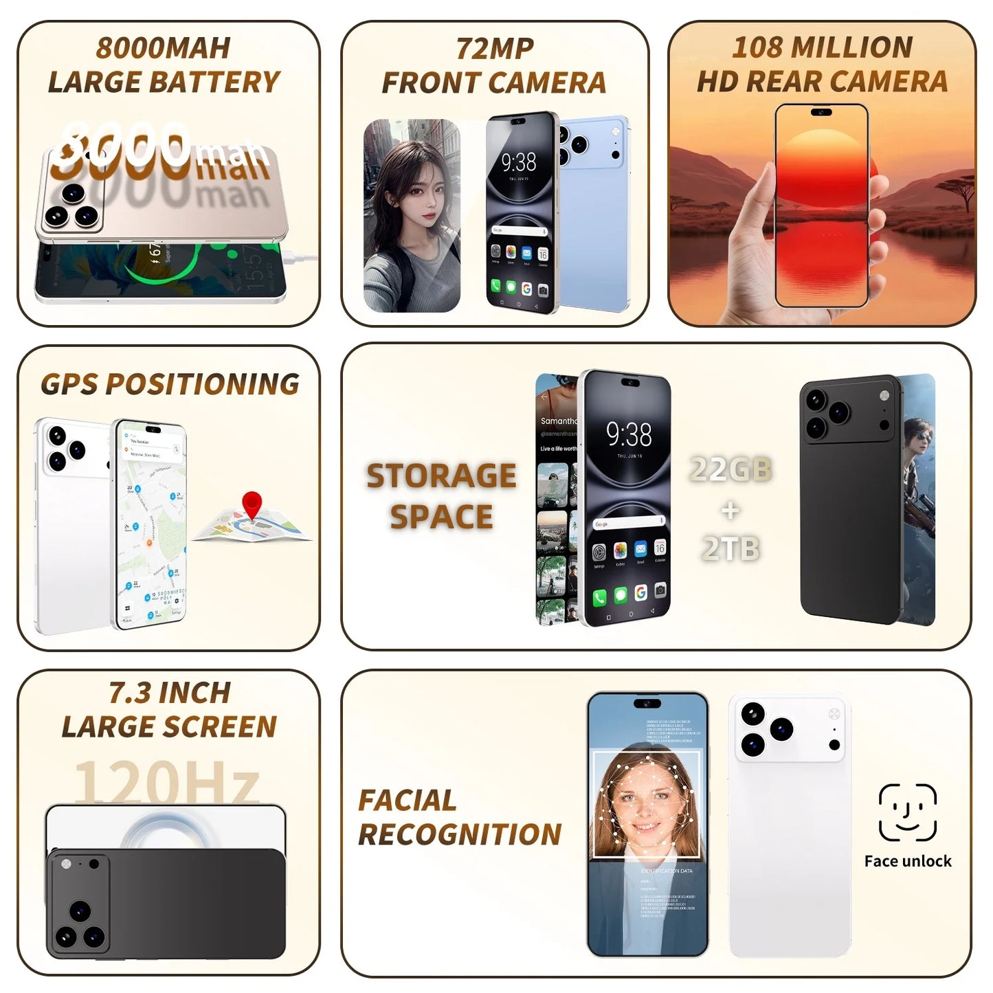 2025 HOT XS17 Pro Max 22GB 2TB 7.3inch HD Global Edition Original Smart Dual Card 8000mAh Battery Facial Recognition Function