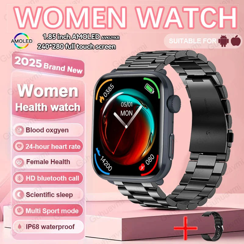2025 AI Diagnosis NFC Smart Watch Women 1.85 inch AMOLED Blood pressure Heart Rate Temperature BT call Smartwatches Men For IOS