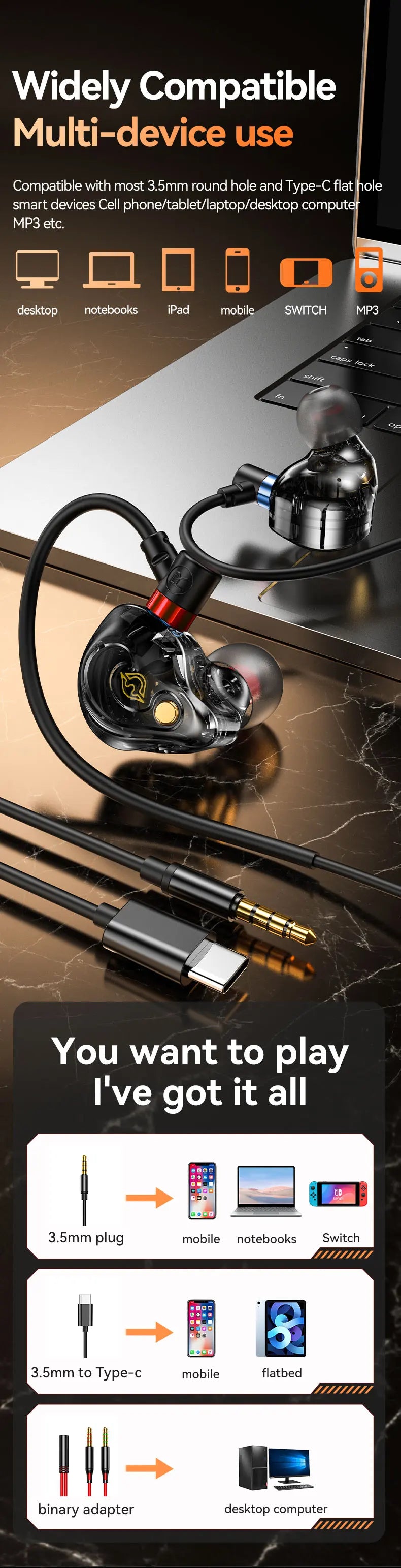 NEW 8D Surround Sound Gaming Earphones Type C&3.5mm Wired In Ear Earbuds Headphones Sports Gamer Headset for Samsung With HD Mic - Universal Market