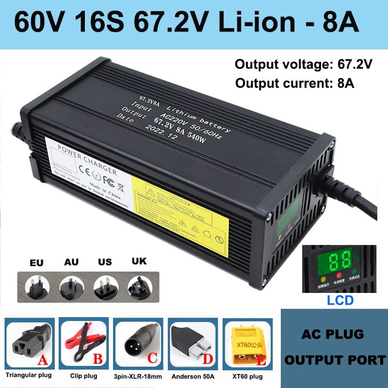 NEW 60V Lithium Battery Charger 67.2V 16S 5A 8A 10A 12A 15A 20A High-power Smart Band Display Rapid Charging Metal Shell
