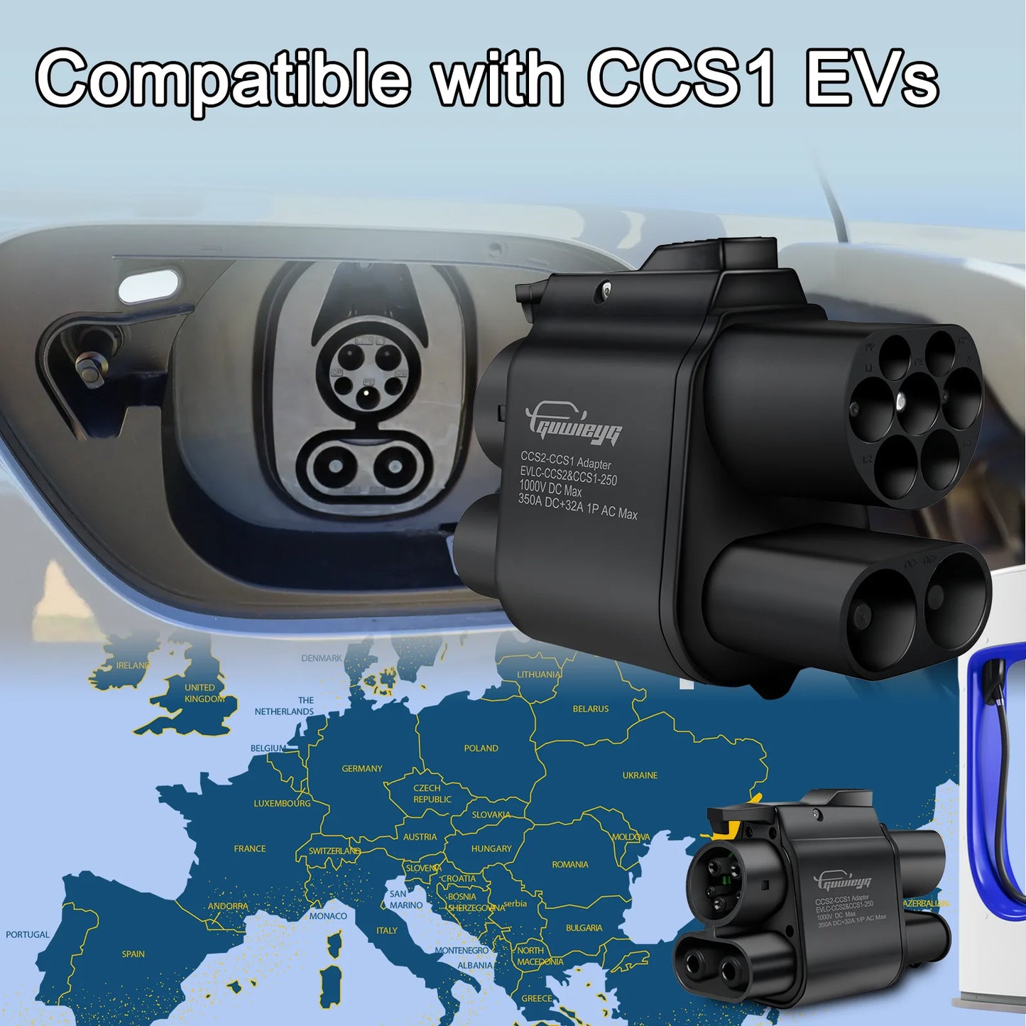 GUWIEYG CCS2 to CCS1 Adapter 350A 350kW From CCS2 to CCS1 DC+AC Electric Vehicle Charger DC 1000V Fast Ev Charging Adapter