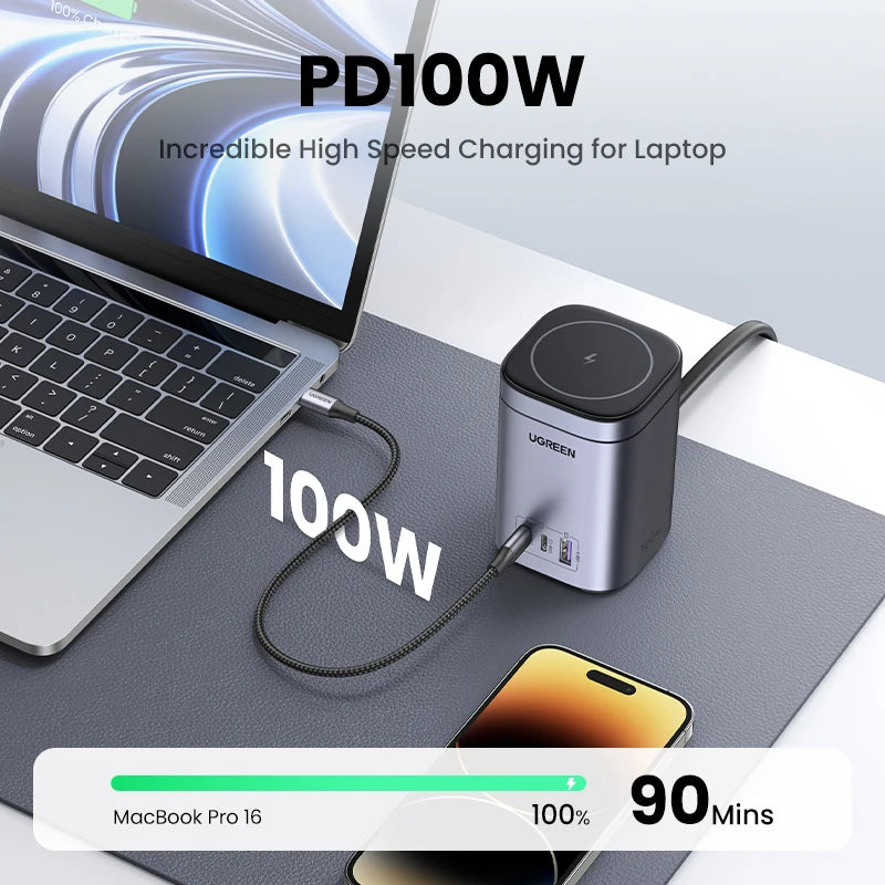 UGREEN GaN 100W Desktop Charger MFi Magnetic Wireless Charger for iPhone 17 16 15 Fast Charger Power Station for Laptop Notebook