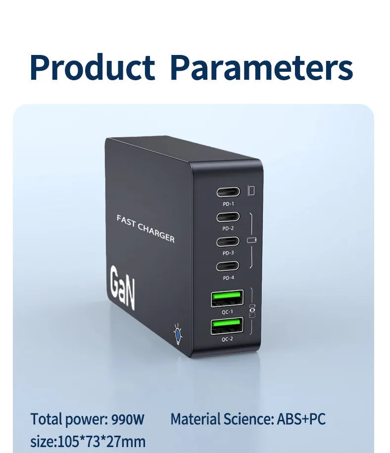 990W USB C GaN Charger 300W PD 3.3 PPS QC4.0 Multiport Fast Charging Station For Laptop iPhone 15 16 Samsung Macbook Pro Tablet