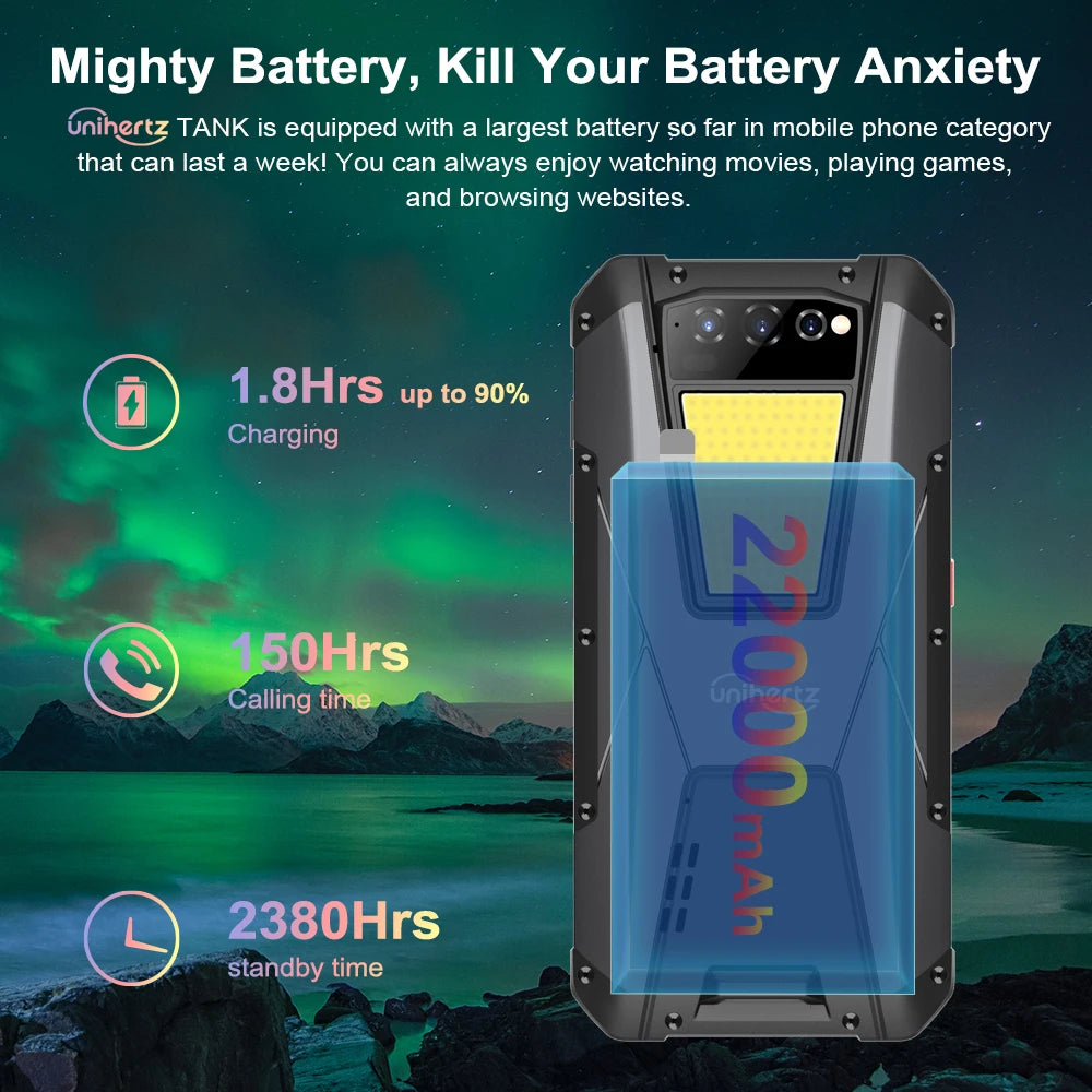 Unihertz TANK Rugged Night Vision Smartphone, Cell Phone, Mobile Phone, 22000 mAh, 8GB, 256GB, 108M Camera, 66W PD, Helio G99