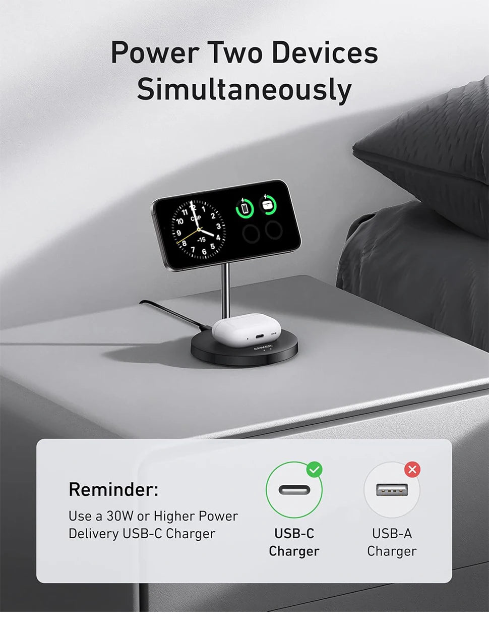 Anker MagSafe Charger Stand Compatible, MagGo 2-in-1 Charging Station, 【Upgraded】 Qi2 Certified 15W Wireless Charger Stand, for