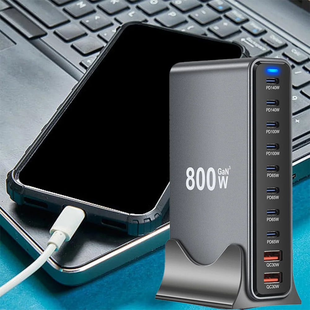 2025 New 800W GaN Fast Charging PD3.1 PPS 10 Ports USB C Type C Fast Charger Station Adapters for iPhone Samsung Xiaomi Huawei
