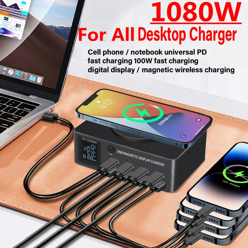 1080W GaN USB C Charger 8-Port Desktop Charger Type C 330W PD3.0 PPS QC3.0 Fast Charging for MacBook Tablet Samsung iPhone 15 16