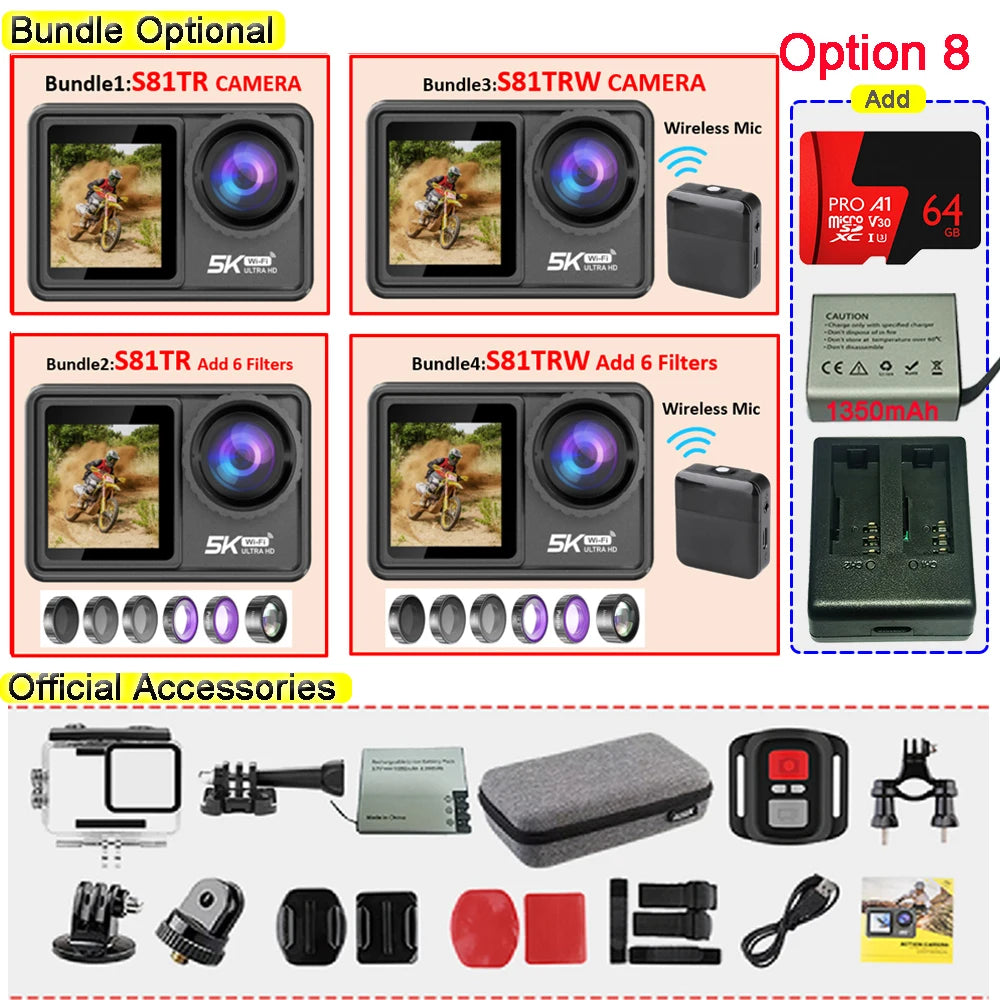 2" IPS Dual Screen Action Camera 5K 30FPS 4K 60FPS 48MP EIS Video With Optional Filter Lens 1080P Webcam Vlog WiFi Sports Cam