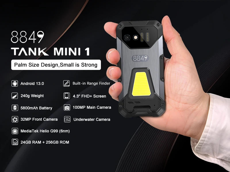 8849 Tank Mini Rugged Smartphone 16/24GB 256GB 5800mAh100Mp Camera Android 13 Cellphone 4.3 inch Waterproof Mobile Phone
