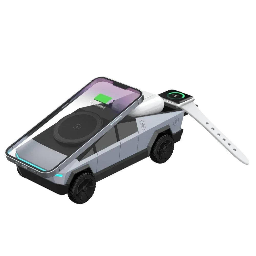 Desktop Cybertruck 3 in 1 Magnetic Fast Wireless Charger Phone Stand For IPhone 17 16 Pro Max Apple & Samsung Watch Airpods Pro