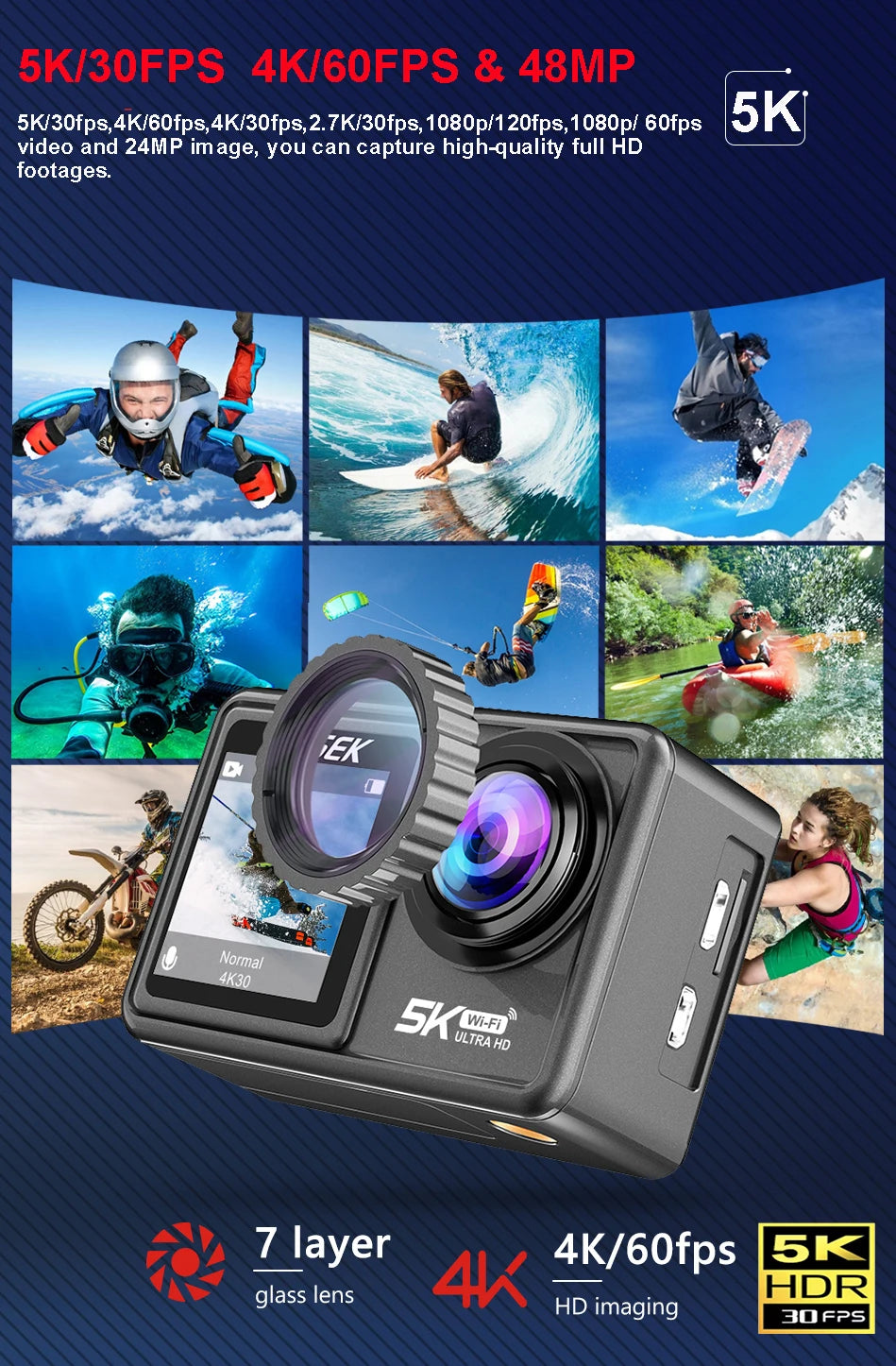 2" IPS Dual Screen Action Camera 5K 30FPS 4K 60FPS 48MP EIS Video With Optional Filter Lens 1080P Webcam Vlog WiFi Sports Cam