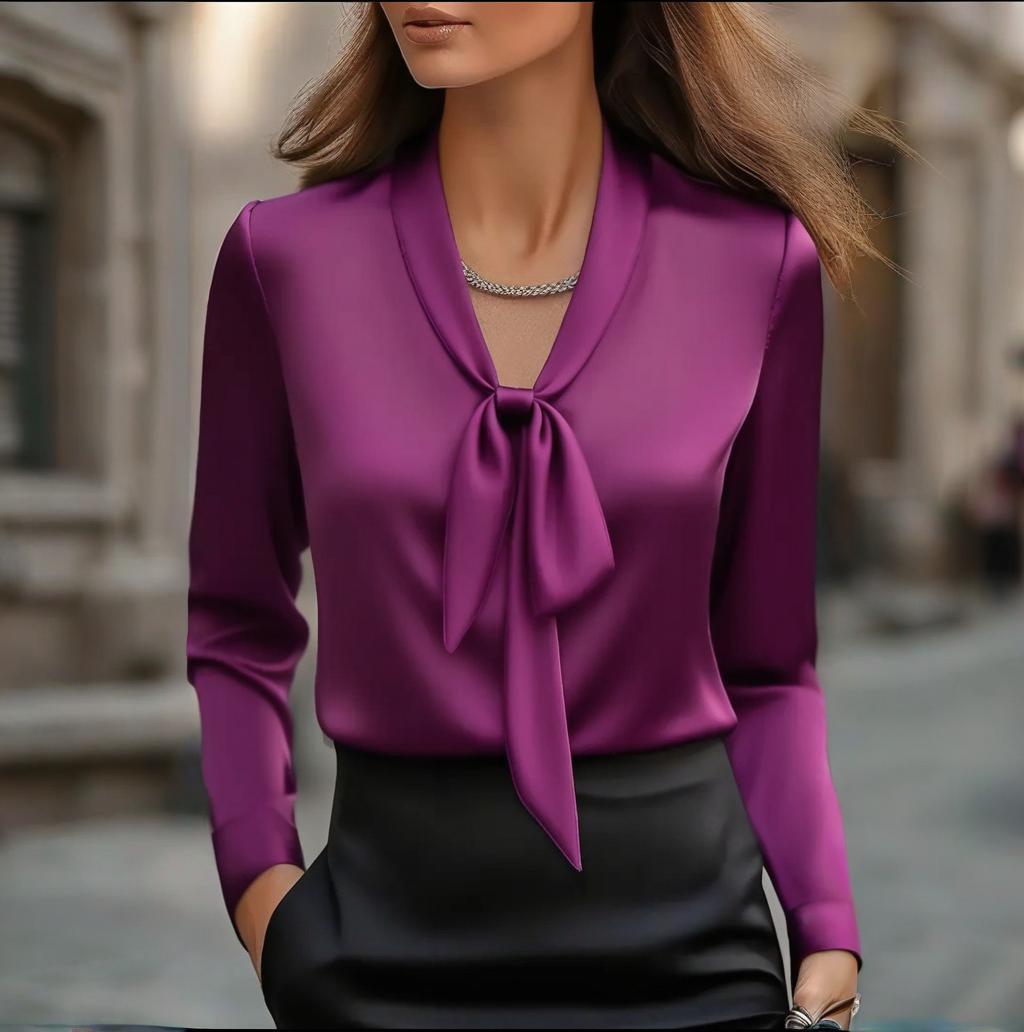 Women's Elegant Satin Blouse, Long Sleeve Button Down Shirt With Ribbon Detail For Office Work