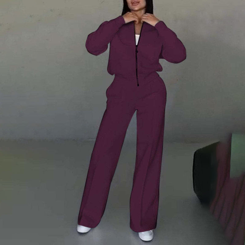 Women's 2 Piece Sweatsuit Set, Fall Zip Up Long Sleeve Sweatshirt Jacket And Wide Leg Sweatpants
