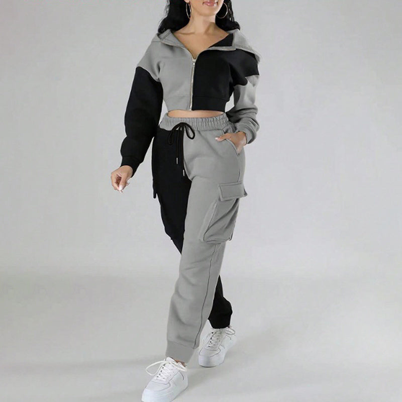 Women's Color Block 2 Piece Set, Full Zip Up Cropped Hoodie Jacket & Drawstring Cargo Pants, Casual Streetwear Outfit
