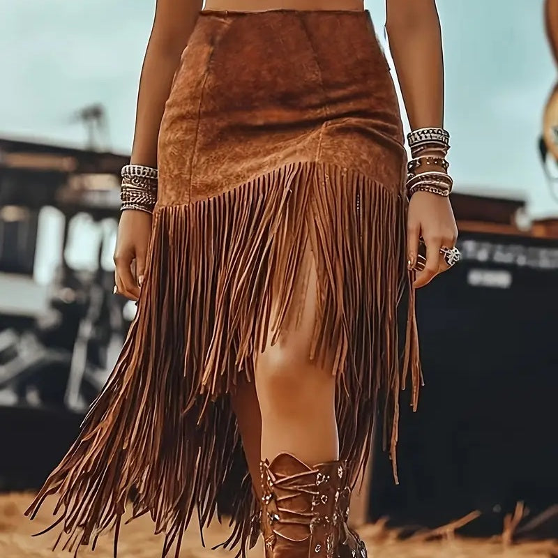 Women's Western Boho Fringe Skirt Solid Color Asymmetrical Hem Pull-On Denim Style Midi Skirt