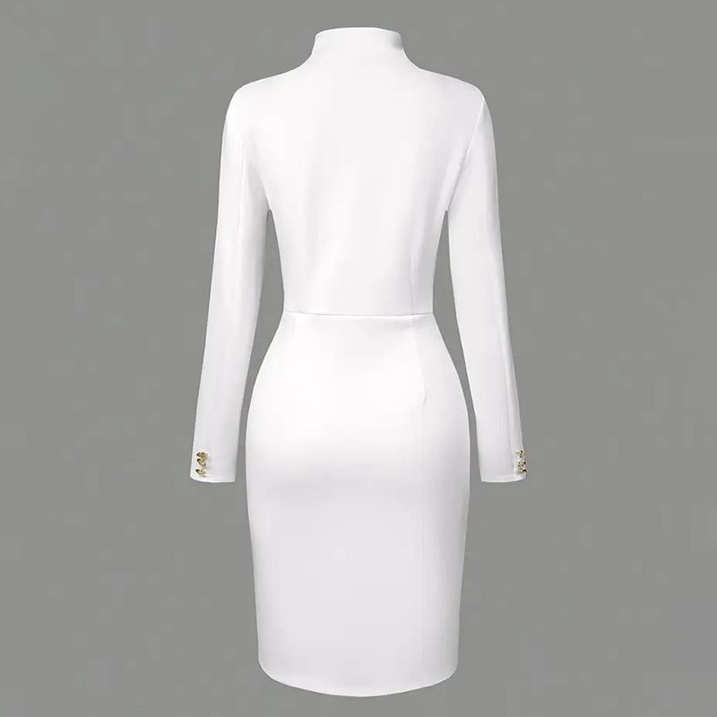 Elegant Solid Color Women's Long Sleeve Dress, Stand Collar With Golden Buttons Bodycon Slit Hem Dress For Formal Occasions