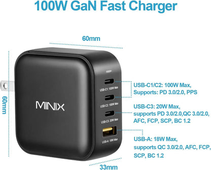 MINIX NEO P3 100W GaN USB Charger Travelling Charger with multi plugs EU/US/AU/UK  for Macbook ,For iPhone , For Samsung ,MI