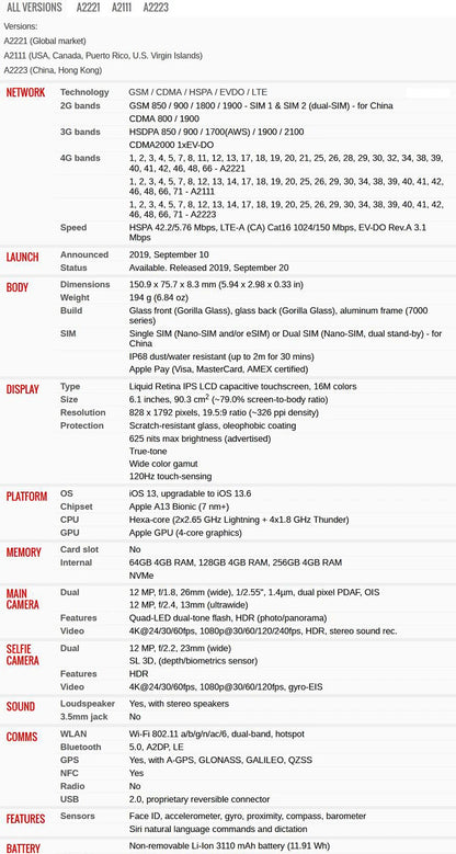 Apple iPhone 11 64/128/256GB ROM 6.1" Original Liquid Retina IPS LCD FACE ID A13 Genuine Unlocked 4G LTE 98% New Mobile Phone - Universal Market