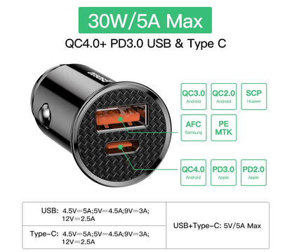 Baseus 30W USB Car Charger Quick Charge 4.0 3.0 FCP SCP USB PD For Xiaomi iPhone 12 13 14 15 Pro Fast Charging Car Phone Charger