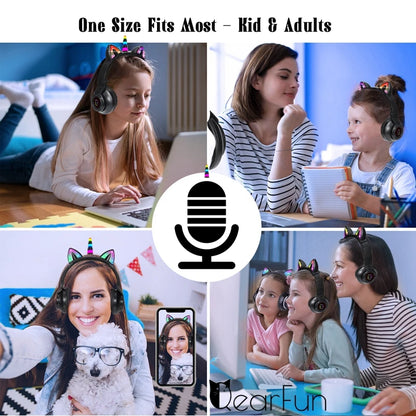 HiFi Girls Wireless Unicorn headphones with Mic phone Stereo Bass Cute Children Music Kid Cat Bluetooth Headsets Support SD Card - Universal Market