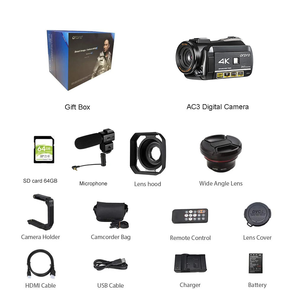 Video Camera 4K Digital Camcorder Professional, Ordro AC3 YouTube Blogger Vlog Cameras Filmadora with Microphone 64GB SD Card