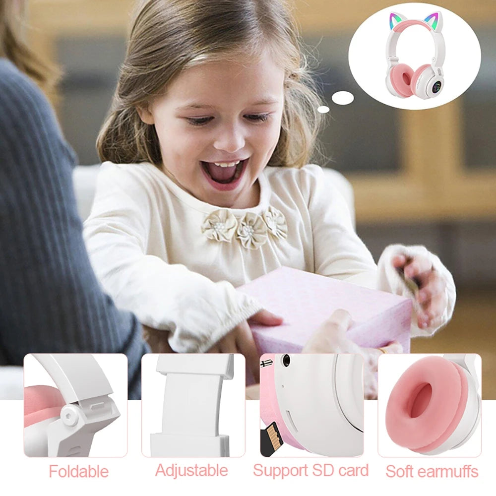 HiFi Girls Wireless Unicorn headphones with Mic phone Stereo Bass Cute Children Music Kid Cat Bluetooth Headsets Support SD Card - Universal Market