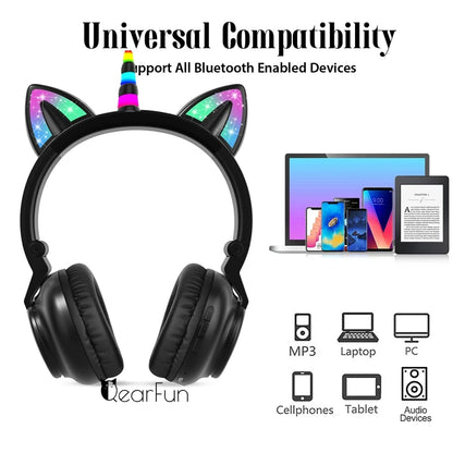 HiFi Girls Wireless Unicorn headphones with Mic phone Stereo Bass Cute Children Music Kid Cat Bluetooth Headsets Support SD Card - Universal Market