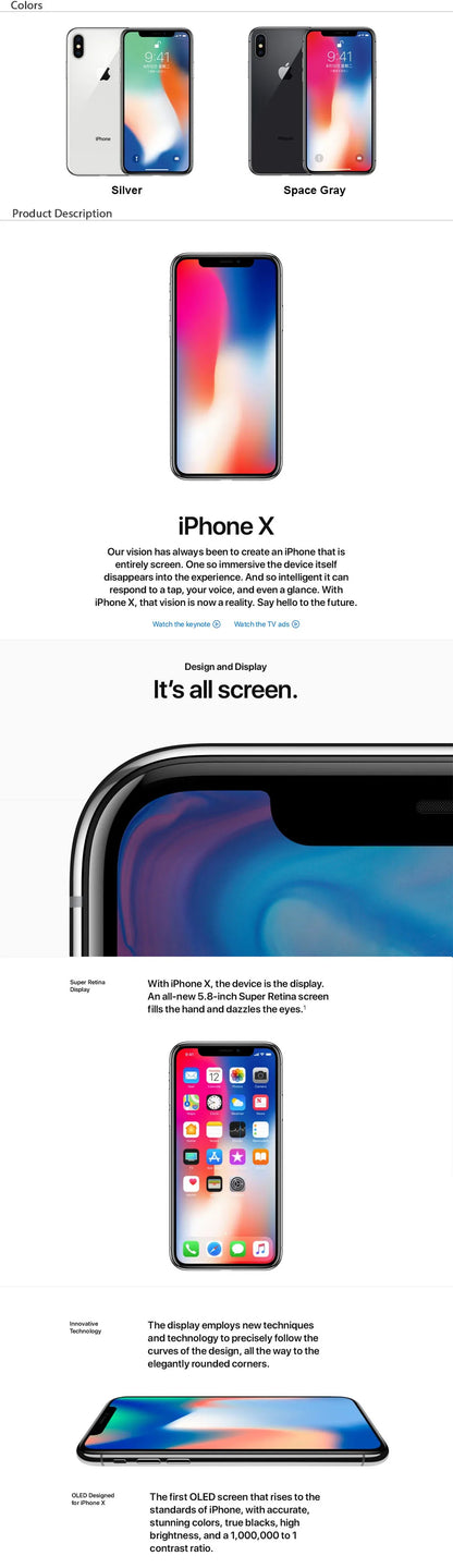 Original Unlocked Apple iPhone X Face ID 64GB/256GB ROM 5.8" 3GB RAM 12MP Hexa Core iOS A11 Dual Back Camera 4G LTE Mobile phone