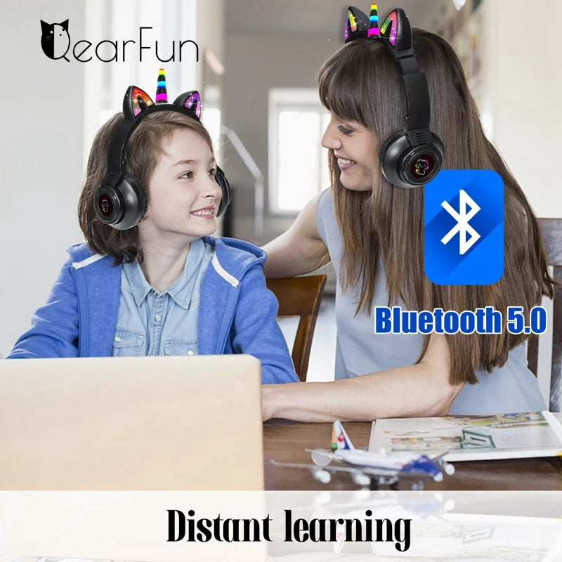 HiFi Girls Wireless Unicorn headphones with Mic phone Stereo Bass Cute Children Music Kid Cat Bluetooth Headsets Support SD Card - Universal Market