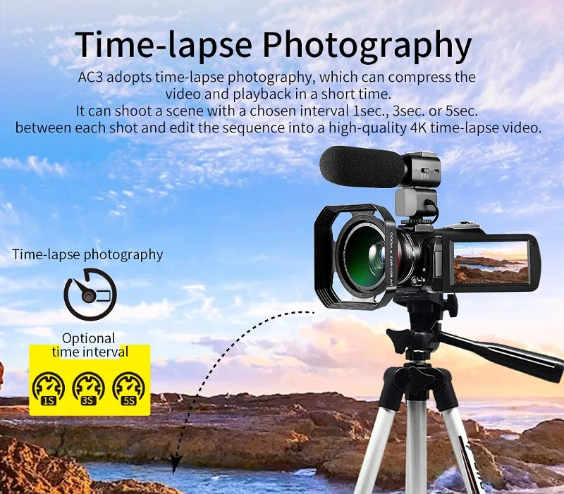Video Camera 4K Digital Camcorder Professional, Ordro AC3 YouTube Blogger Vlog Cameras Filmadora with Microphone 64GB SD Card